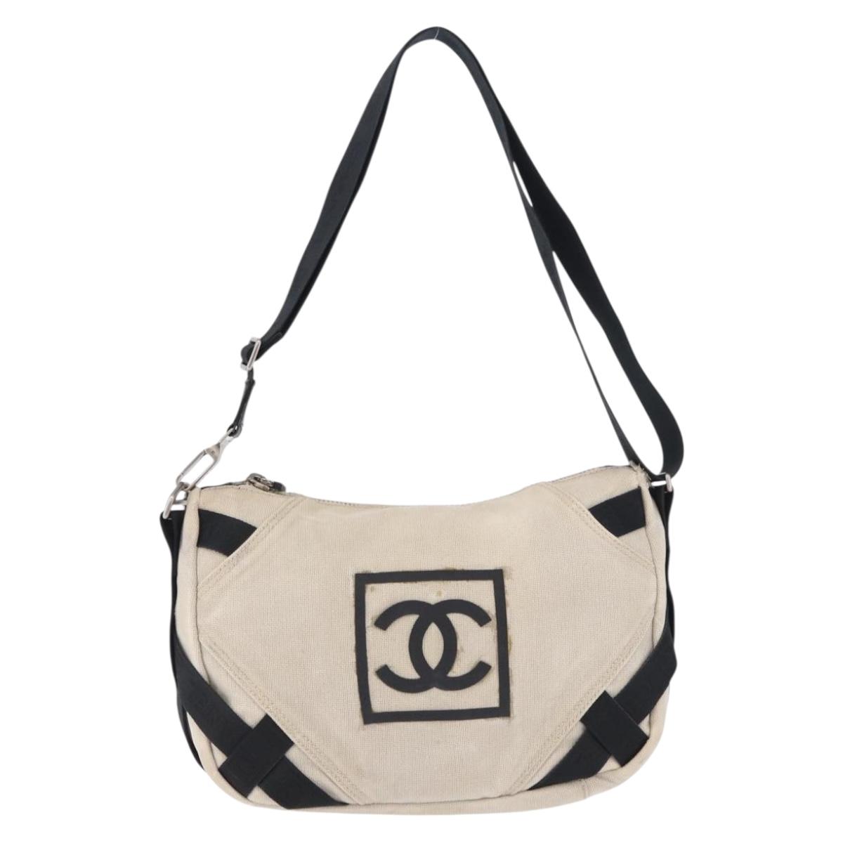CHANEL Sports Shoulder Bag Canvas Ivory Black CC Auth BA14971