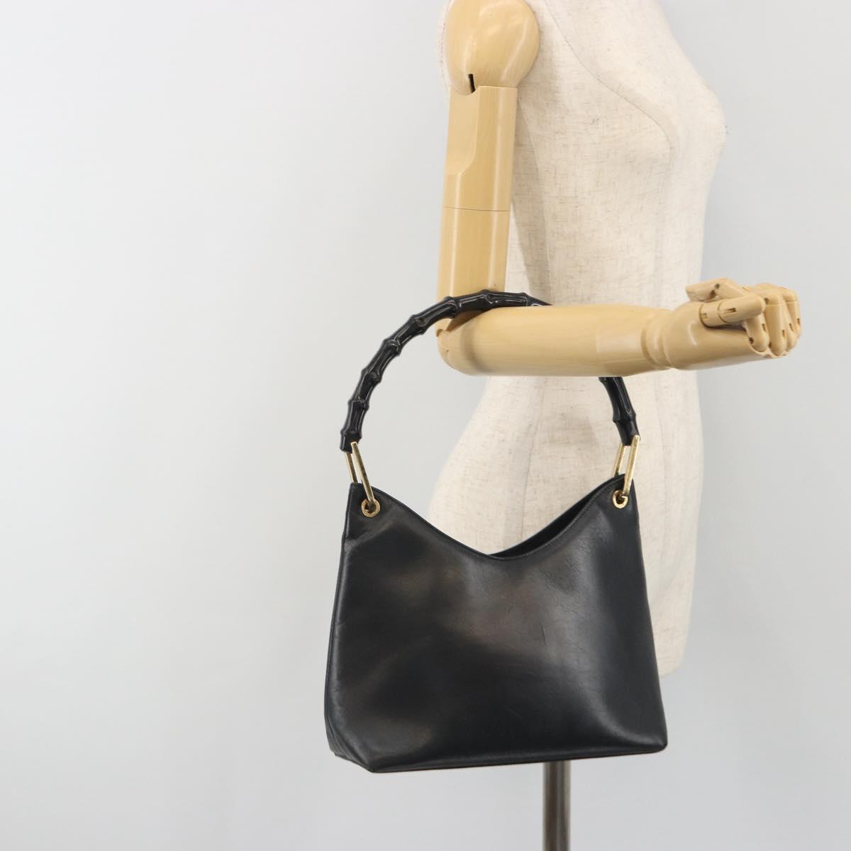 GUCCI Bamboo Shoulder Bag Leather Black Gold Tone 001 3008 Auth BA14975