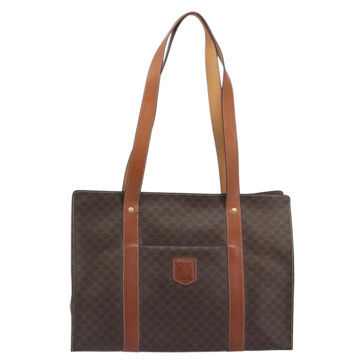 CELINE Macadam Tote Bag PVC Leather Brown Gold Tone Auth BA14994A
