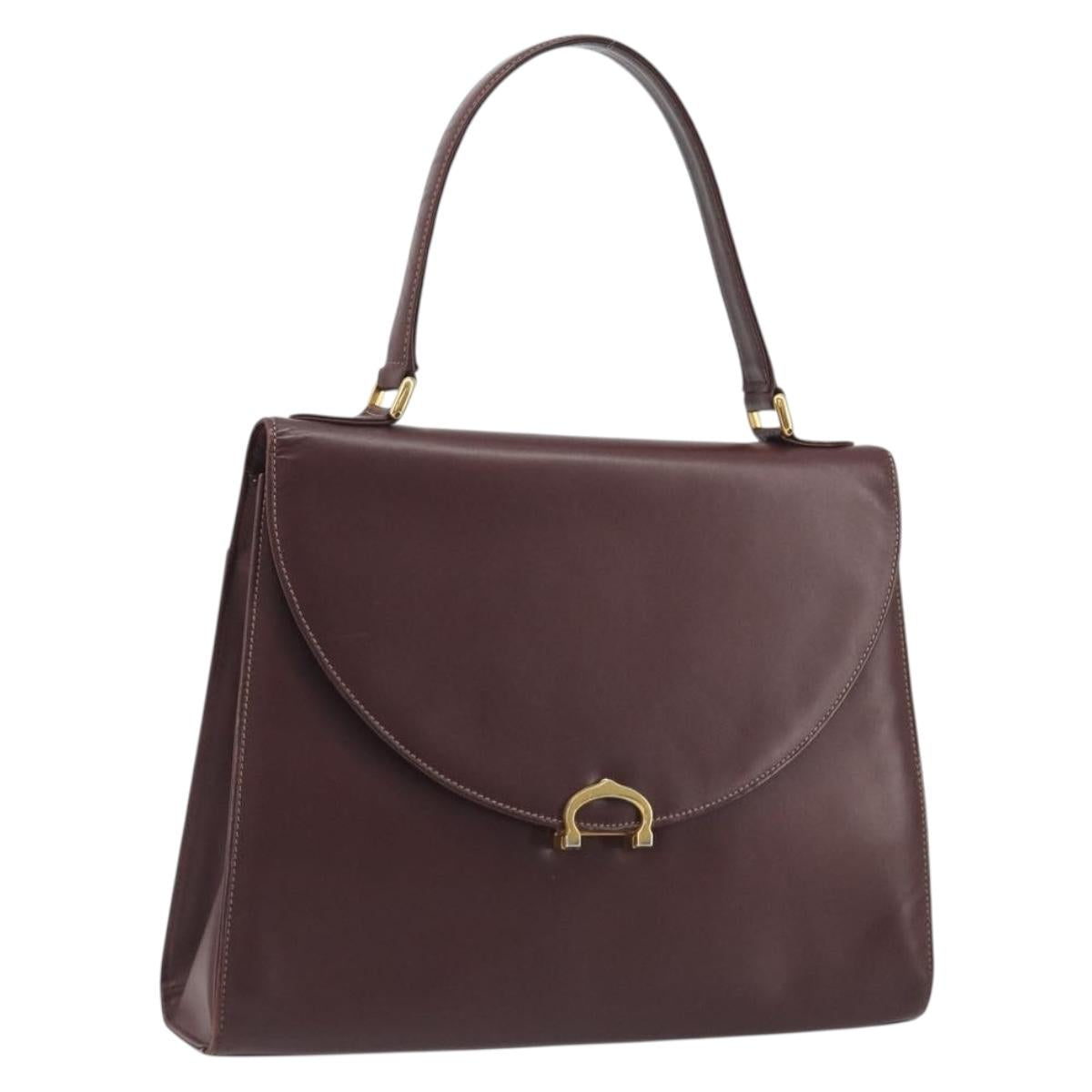 CARTIER Hand Bag Leather Bordeaux Gold Tone Auth BA14995