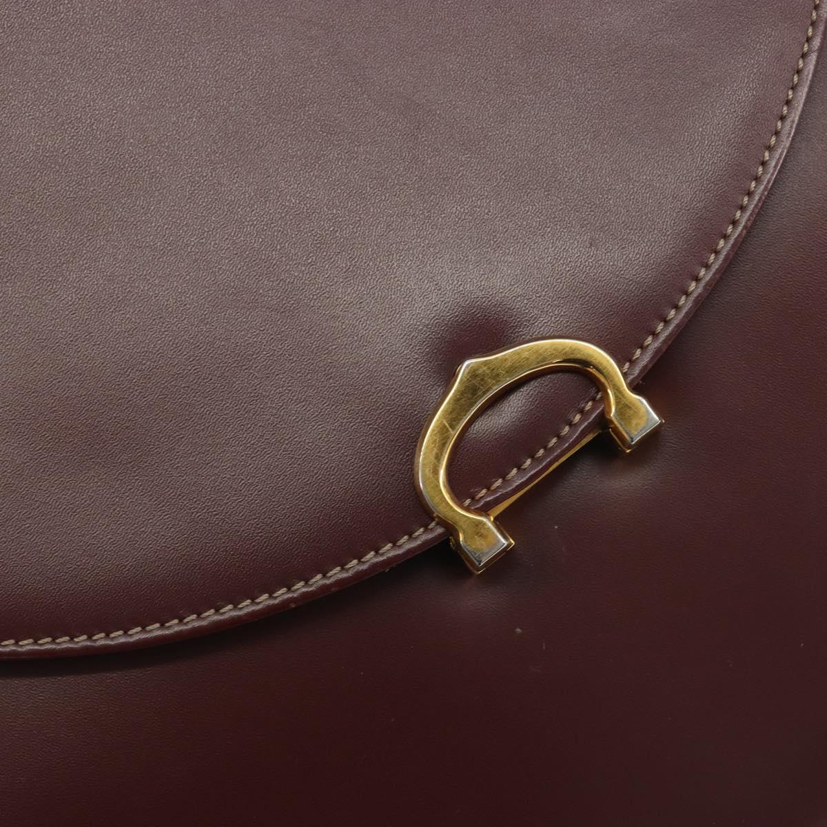 CARTIER Hand Bag Leather Bordeaux Gold Tone Auth BA14995