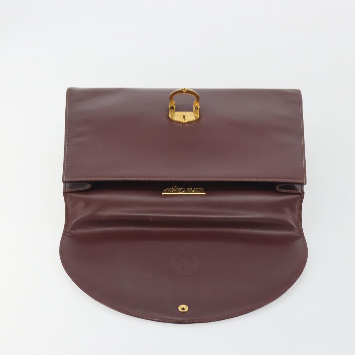 CARTIER Hand Bag Leather Bordeaux Gold Tone Auth BA14995