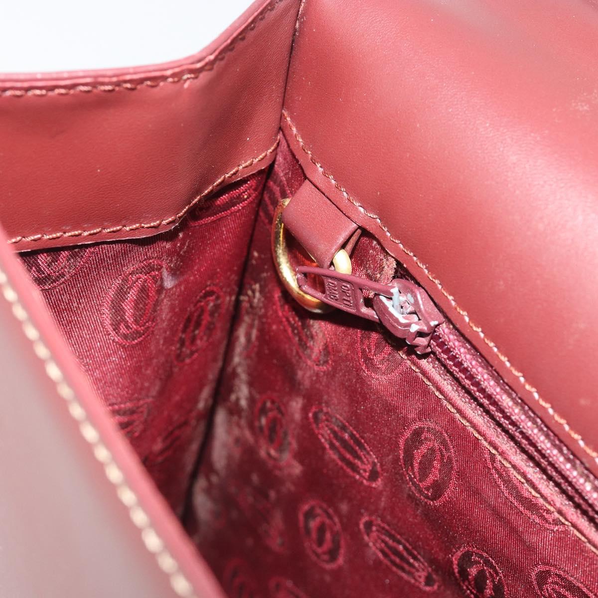 CARTIER Hand Bag Leather Bordeaux Gold Tone Auth BA14995