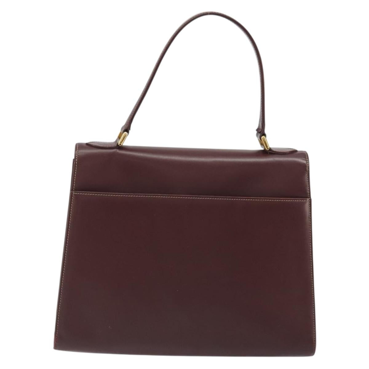 CARTIER Hand Bag Leather Bordeaux Gold Tone Auth BA14995