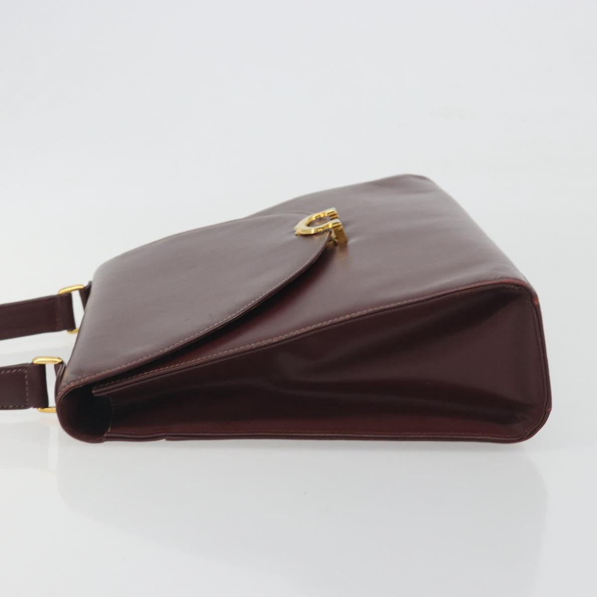 CARTIER Hand Bag Leather Bordeaux Gold Tone Auth BA14995