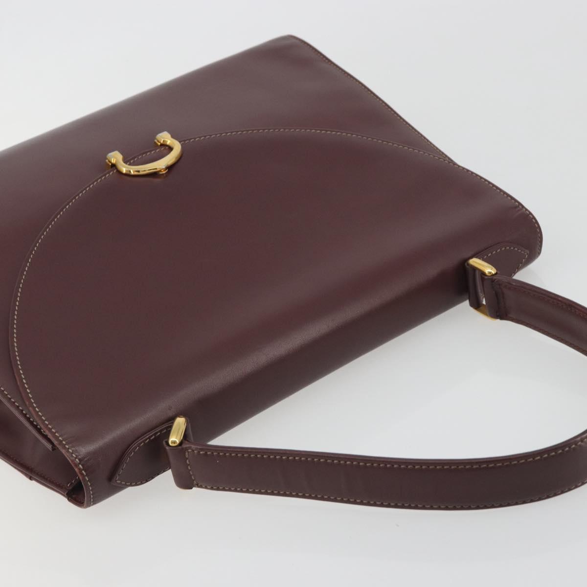 CARTIER Hand Bag Leather Bordeaux Gold Tone Auth BA14995