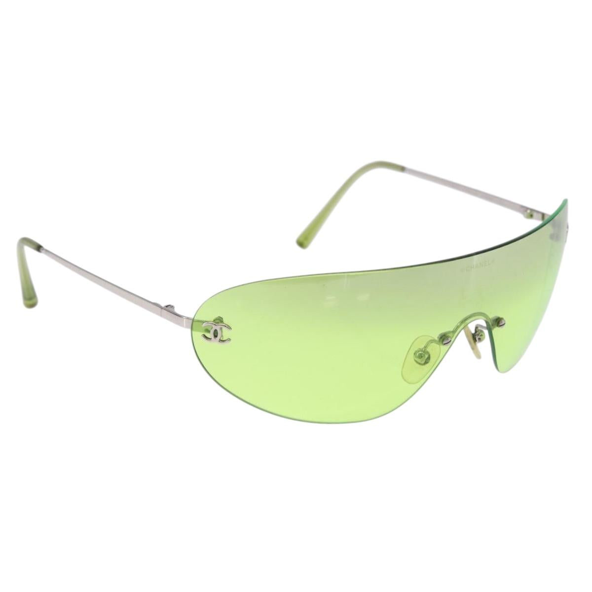CHANEL Rimless Sunglasses Metal Green Silver CC Auth BA15023M