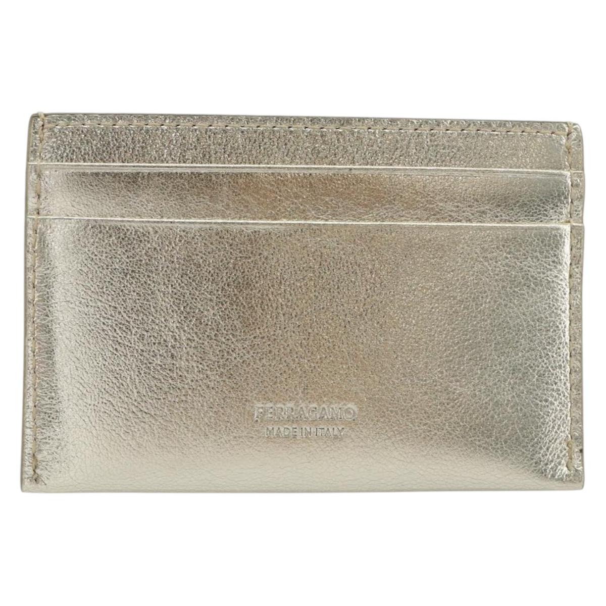 Salvatore Ferragamo Gancini Card Case Leather Champagne Gold Auth BA15034V