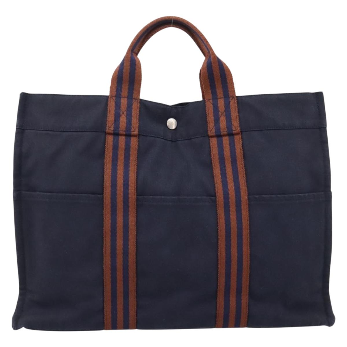 HERMES Fourre Tout MM Hand Bag Cotton Navy Silver Auth BA15062