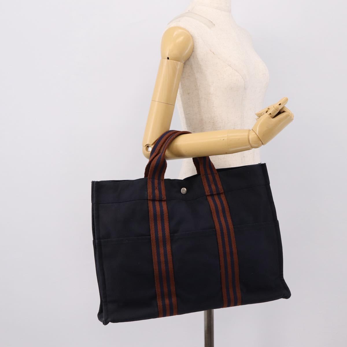 HERMES Fourre Tout MM Hand Bag Cotton Navy Silver Auth BA15062