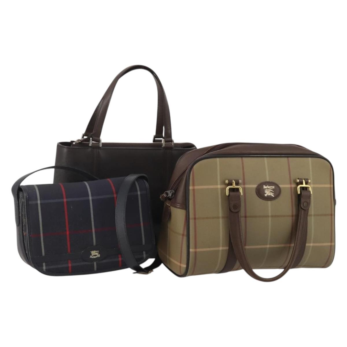 BURBERRY Shoulder Bag Hand Bag Canvas Leather 3 Set Navy Beige Auth BA15066