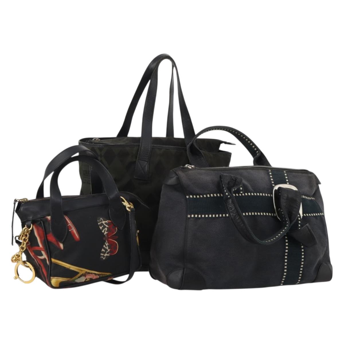 Salvatore Ferragamo Givenchy Hand Bag Canvas Nylon 3 Set Black Auth BA15068