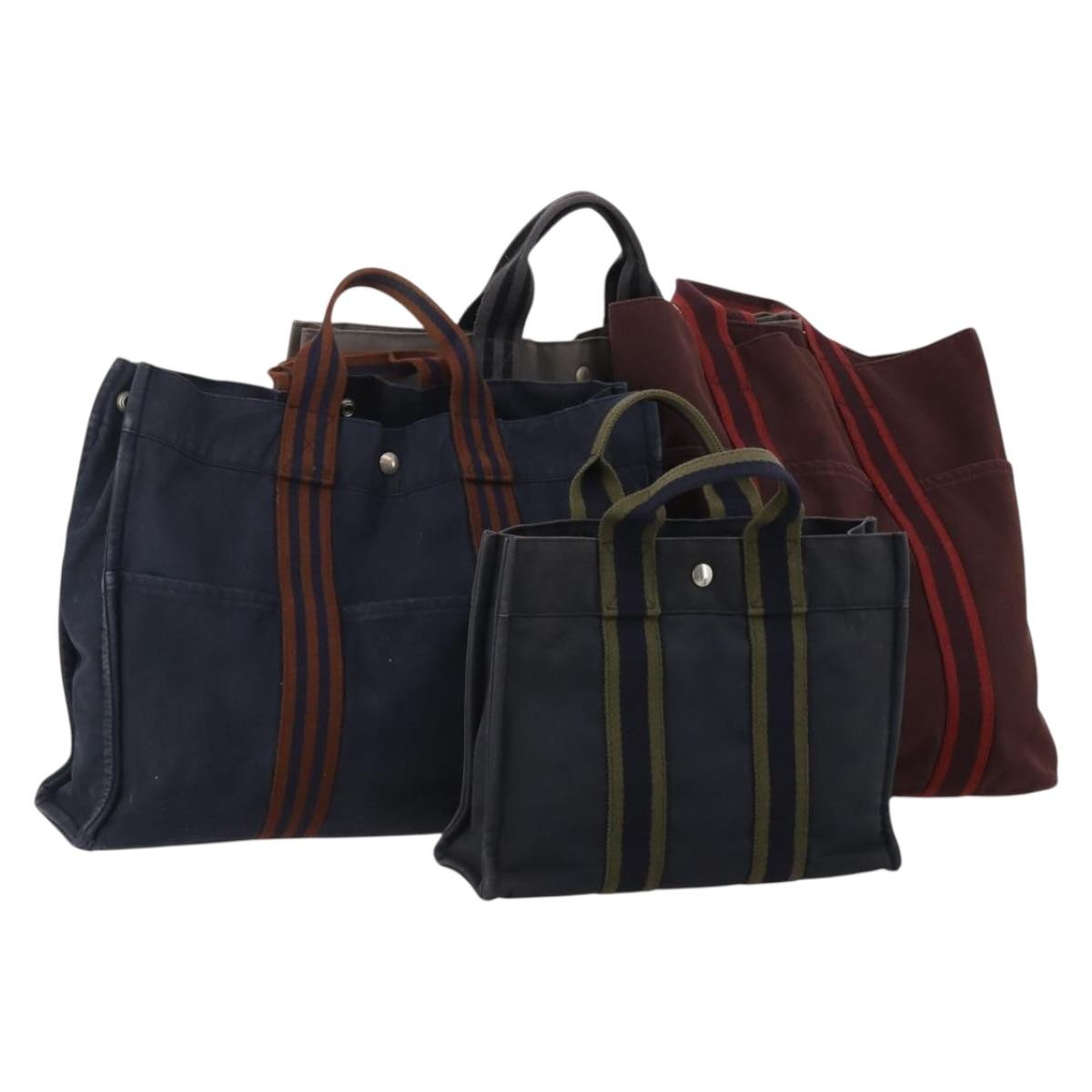 HERMES Fourre Tout Hand Bag Cotton 4 Set Navy Red gray Auth BA15070