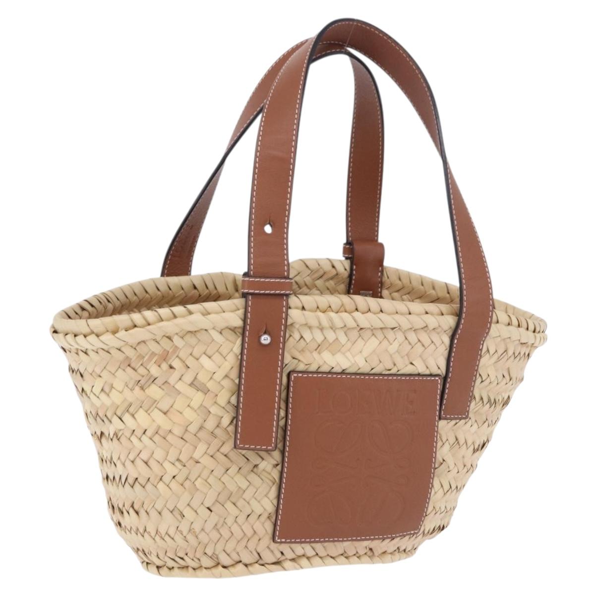 LOEWE Basket Bag Hand Bag Raffia Beige Silver Auth BA15075A
