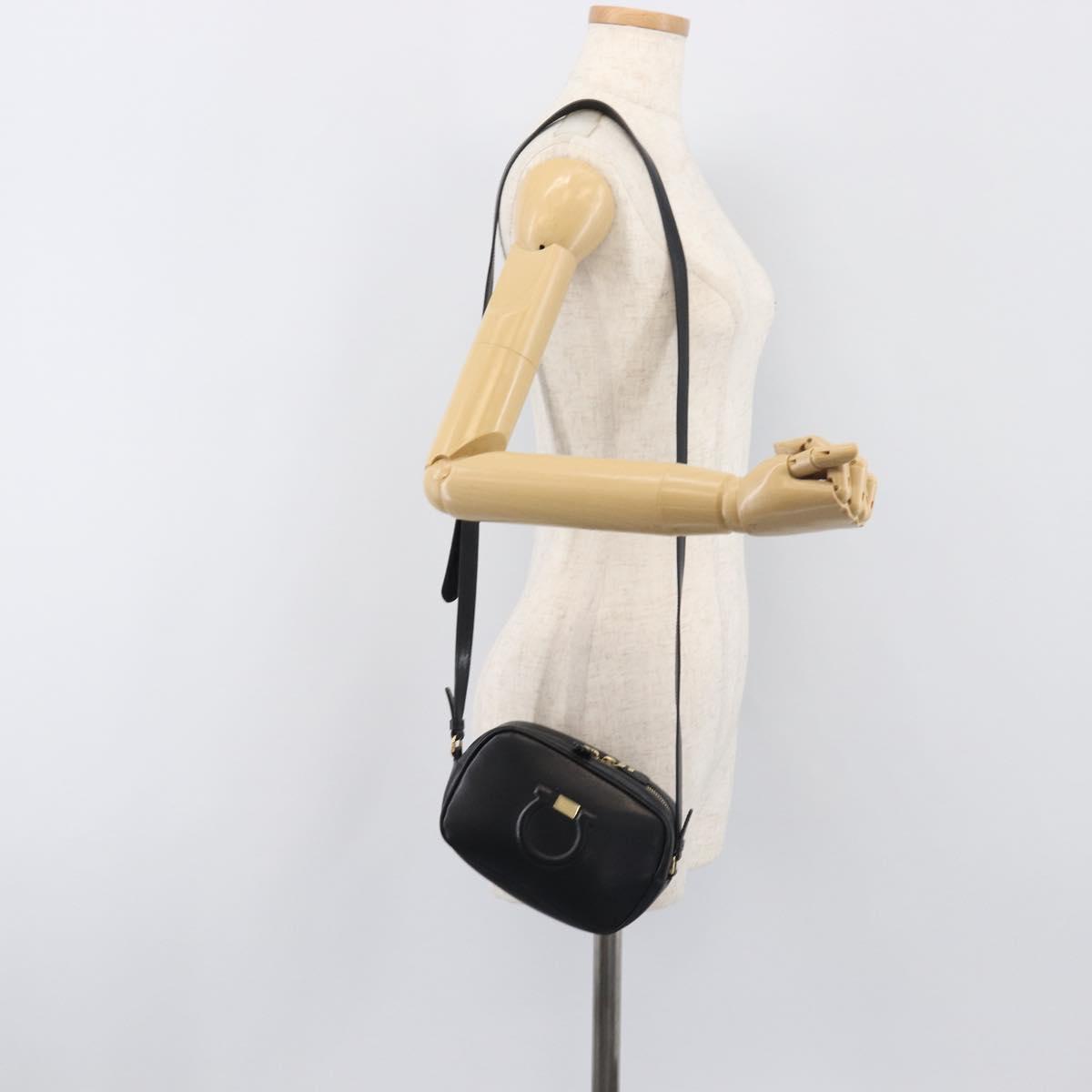 Salvatore Ferragamo Gancini Shoulder Bag Leather Black Gold Auth BA15079A