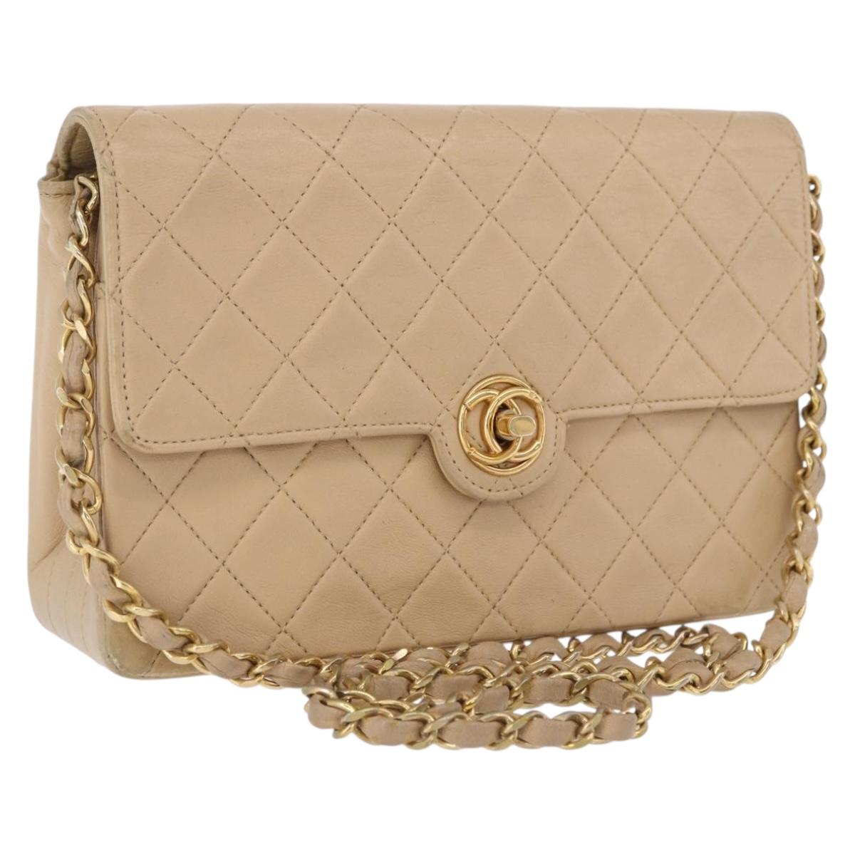 CHANEL Matelasse Chain Shoulder Bag Leather Beige Gold CC Auth BA15089A