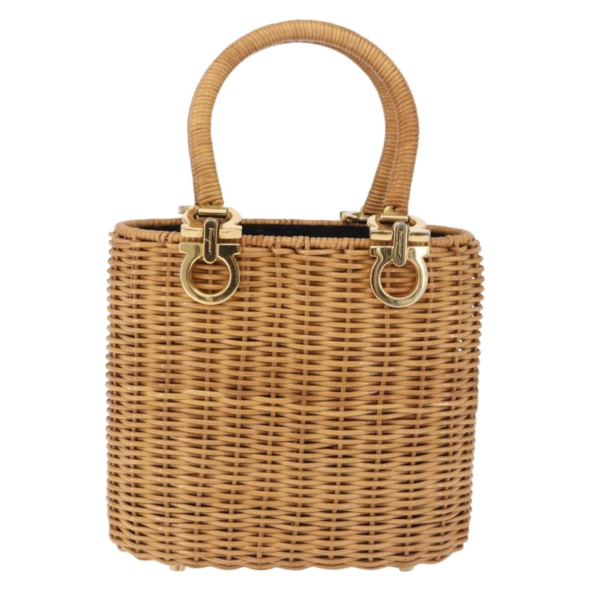 Salvatore Ferragamo Gancini Hand Bag Raffia Beige Gold Auth BA15106V