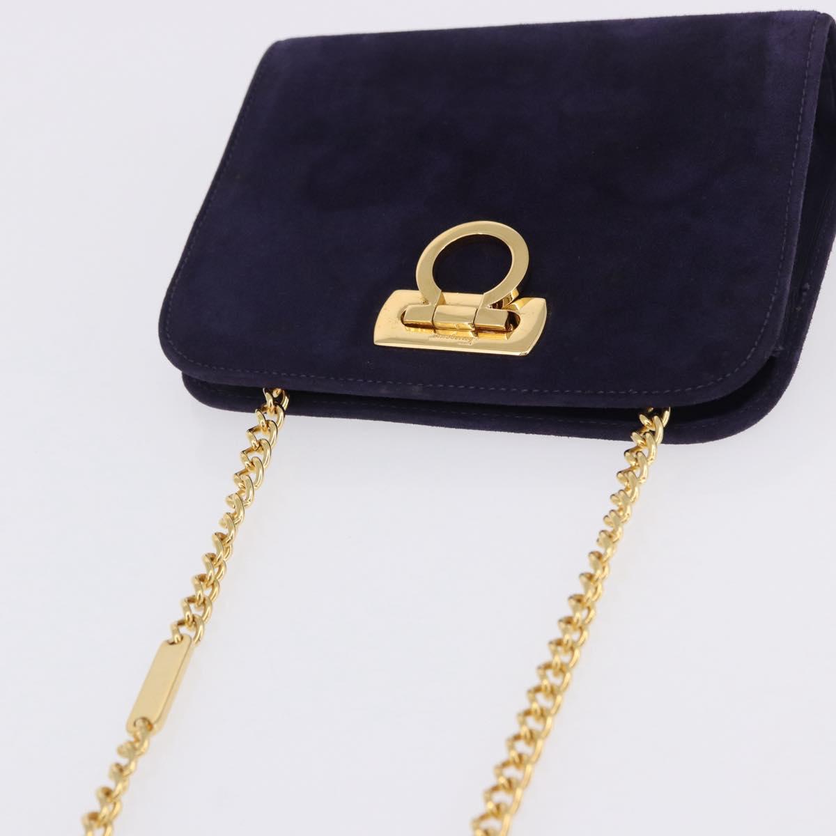 Salvatore Ferragamo Gancini Chain Shoulder Bag Suede Purple Gold Auth BA15108