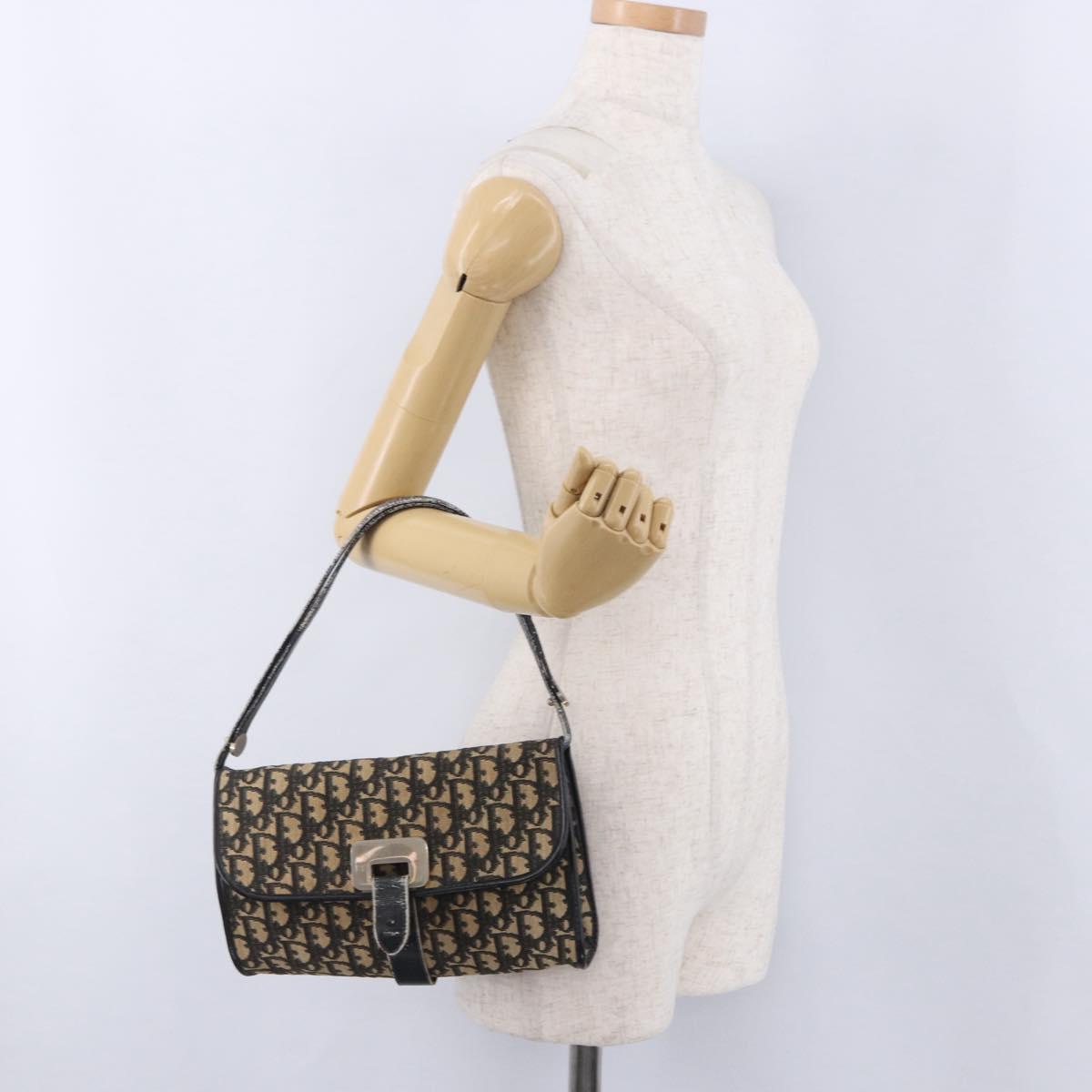 Christian Dior Trotter Canvas Shoulder Bag Navy Gold Auth BA15128
