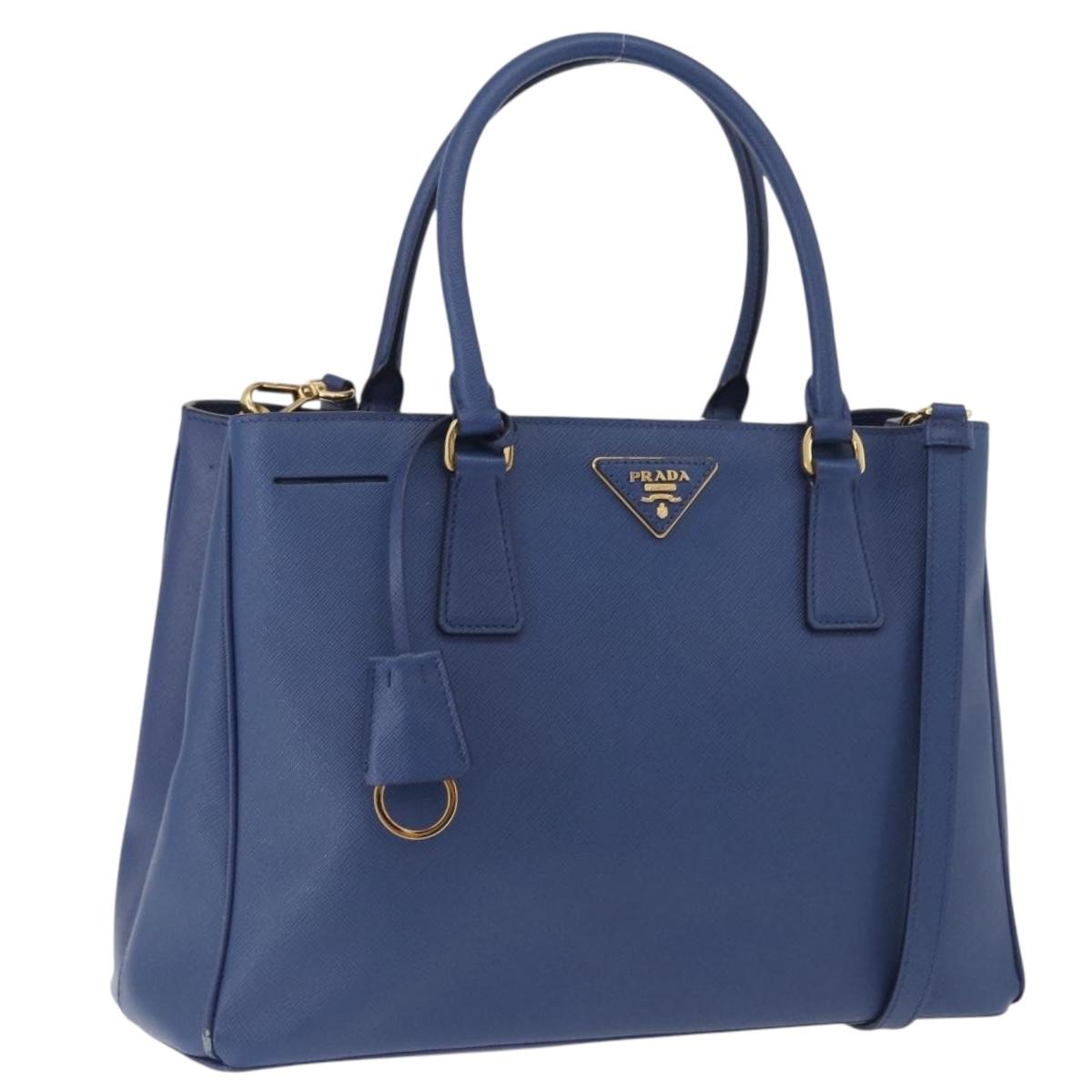 PRADA Hand Bag Safiano Leather 2way Blue Gold Auth BA15150V