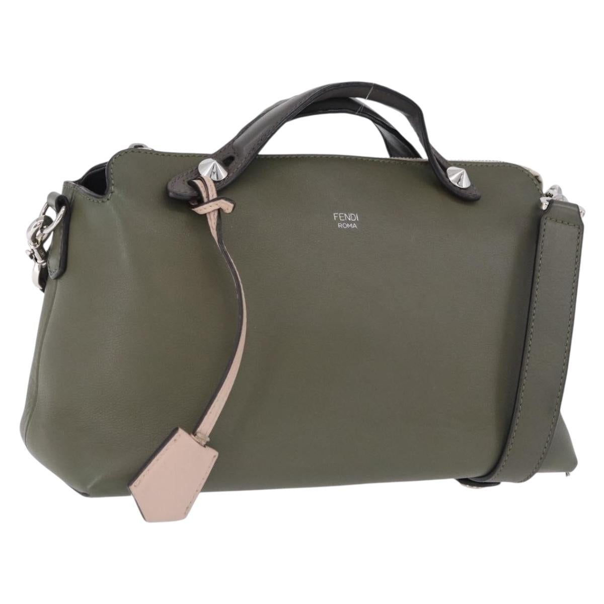 FENDI By The Way Hand Bag Leather 2way Khaki Silver Auth BA15154A