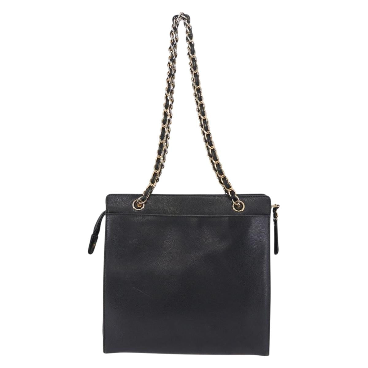 CHANEL Chain Tote Bag Caviar Skin Black Gold CC Auth BA15172