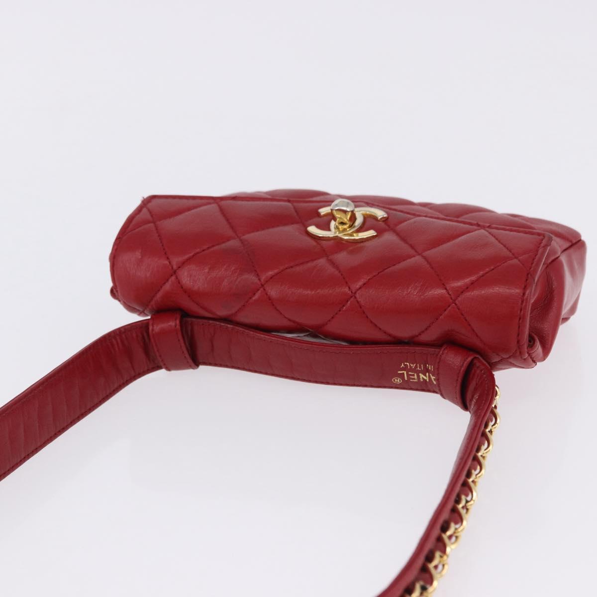 CHANEL Matelasse Waist bag Lamb Skin Red Gold CC Auth BA15205