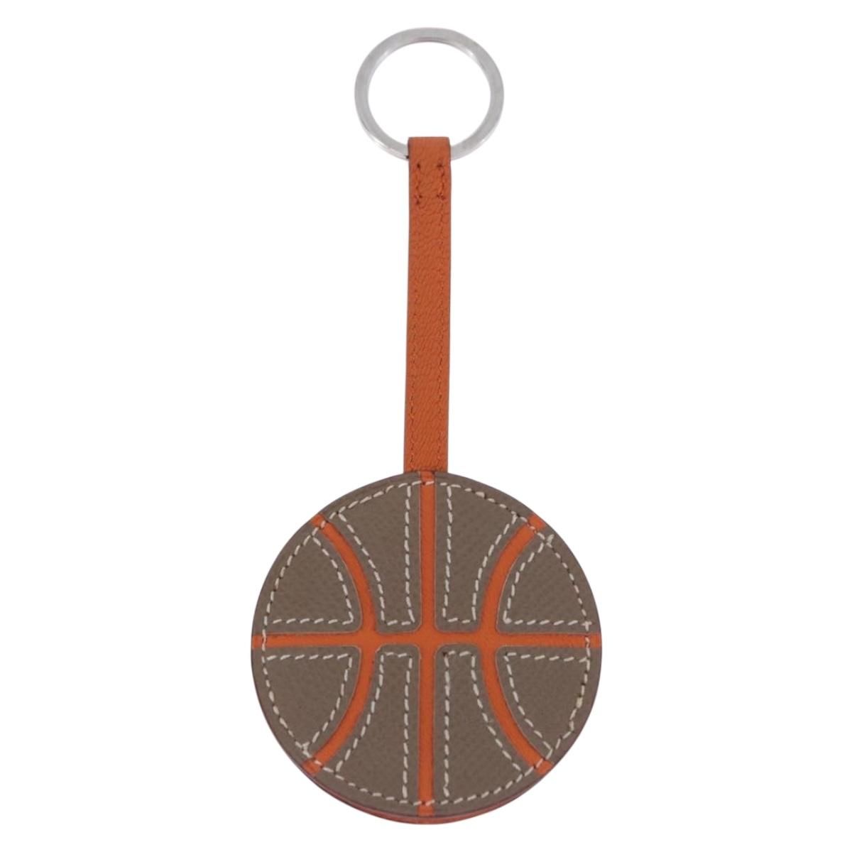 HERMES Basketball Key Ring Leather Orange Silver Auth BA15224V