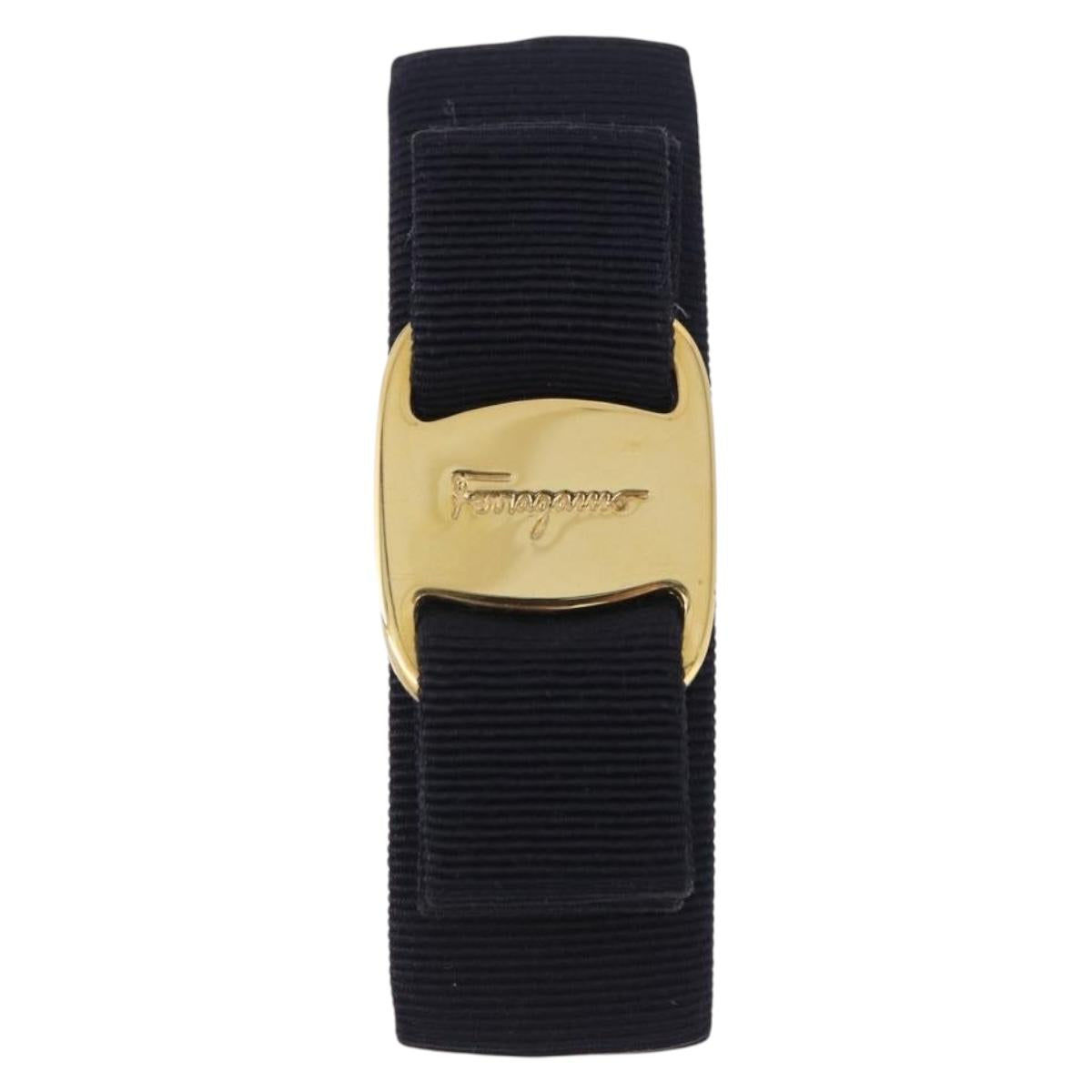 Salvatore Ferragamo Valletta Hair Clip Canvas Navy Gold Auth BA15230