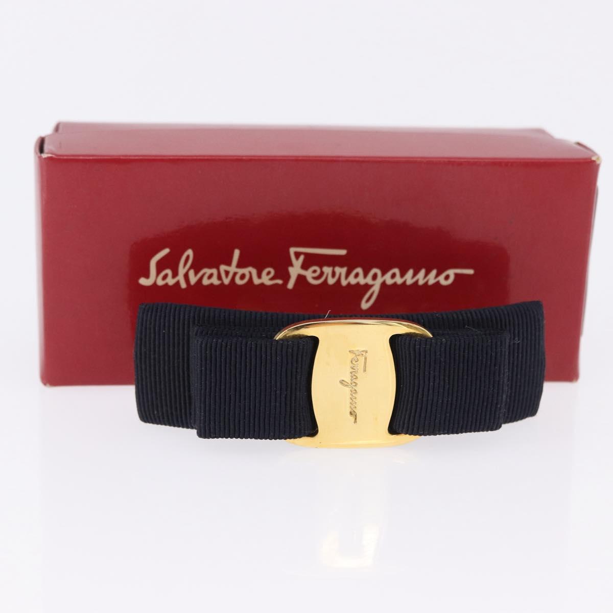 Salvatore Ferragamo Valletta Hair Clip Canvas Navy Gold Auth BA15230