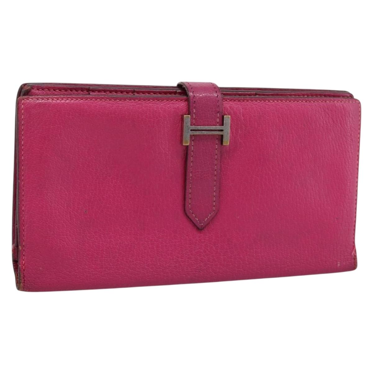 HERMES Bearn Soufflet Wallet Leather Pink Auth BA15253