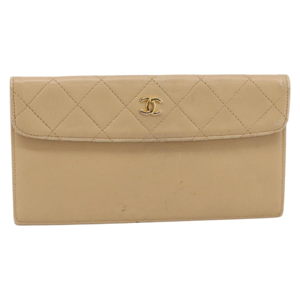 CHANEL Matelasse Long Wallet Lamb Skin Beige Gold CC Auth BA15254