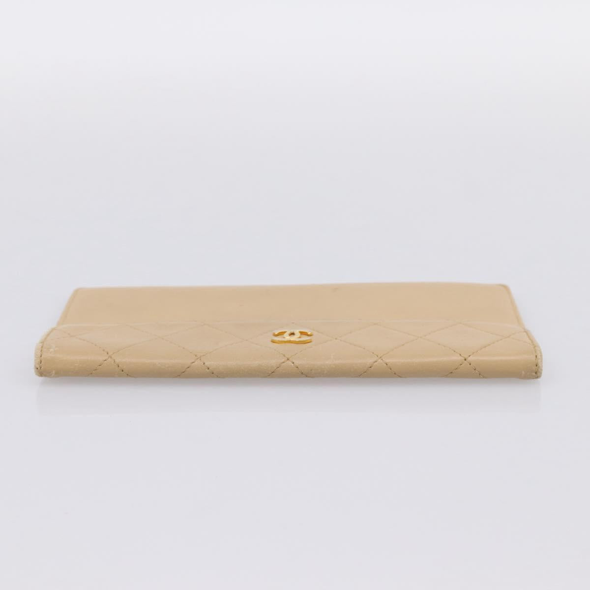 CHANEL Matelasse Long Wallet Lamb Skin Beige Gold CC Auth BA15254