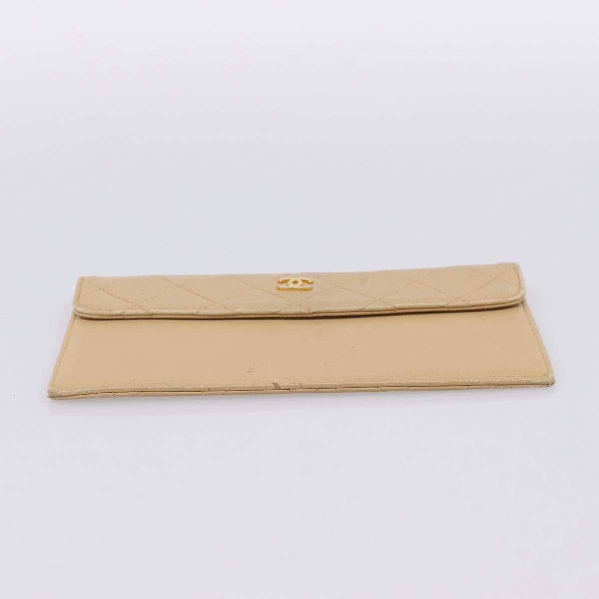 CHANEL Matelasse Long Wallet Lamb Skin Beige Gold CC Auth BA15254