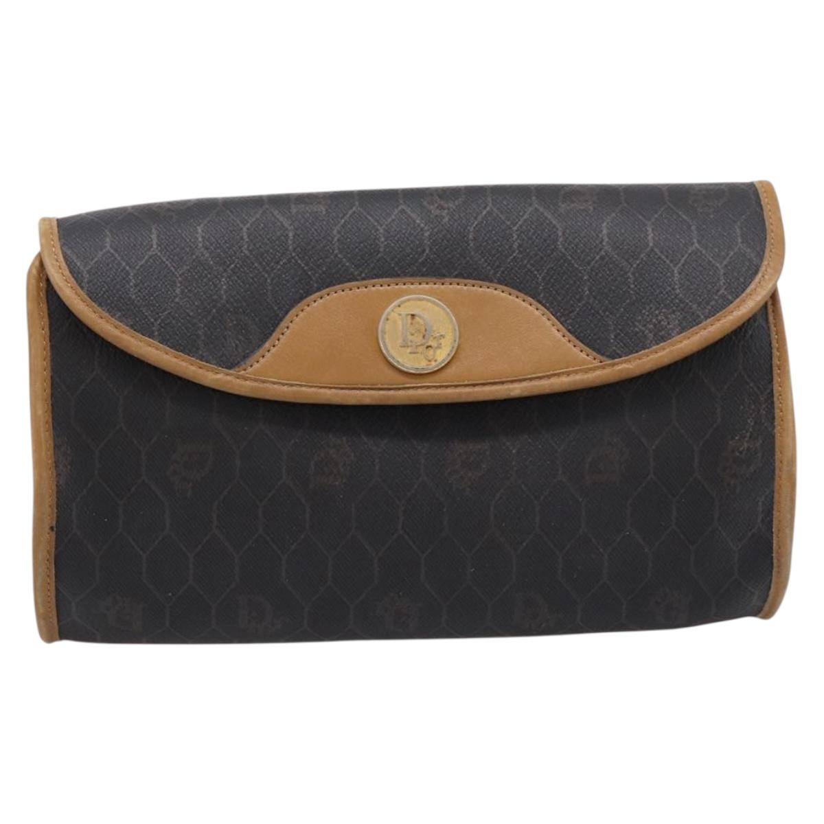 Christian Dior Honeycomb Canvas Shoulder Bag PVC Black Gold Auth BA15258