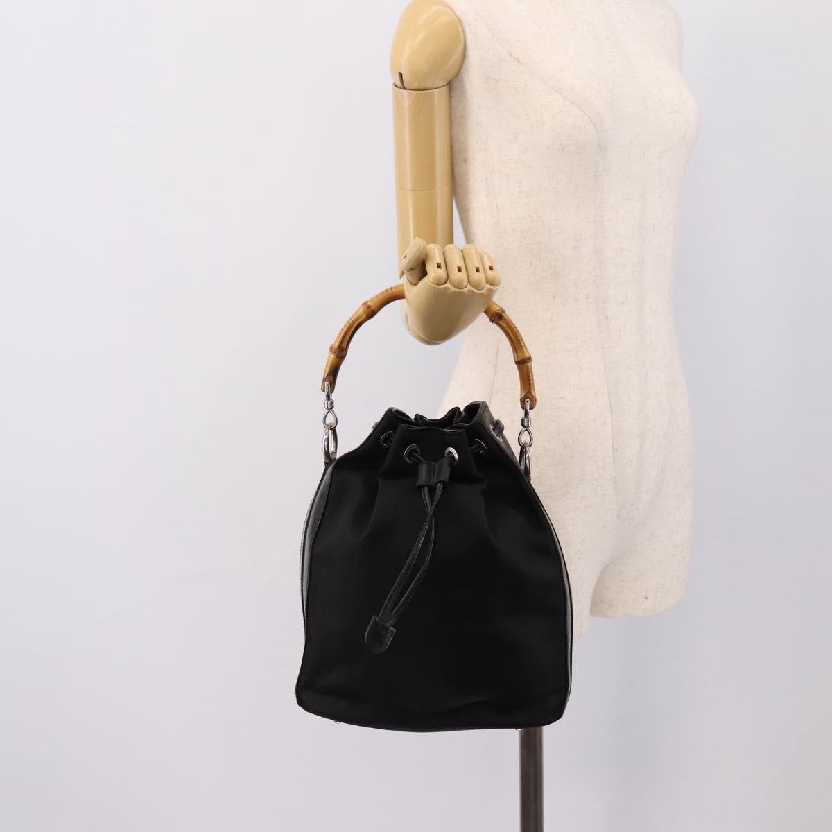 GUCCI Bamboo Hand Bag Nylon Black Silver 001 3754 1657 Auth BA15272