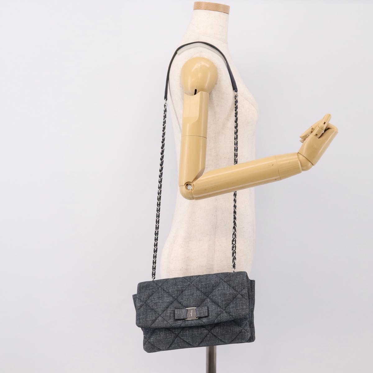 Salvatore Ferragamo Denim Vala Ribbon Chain Shoulder Bag Blue Auth BA15284V