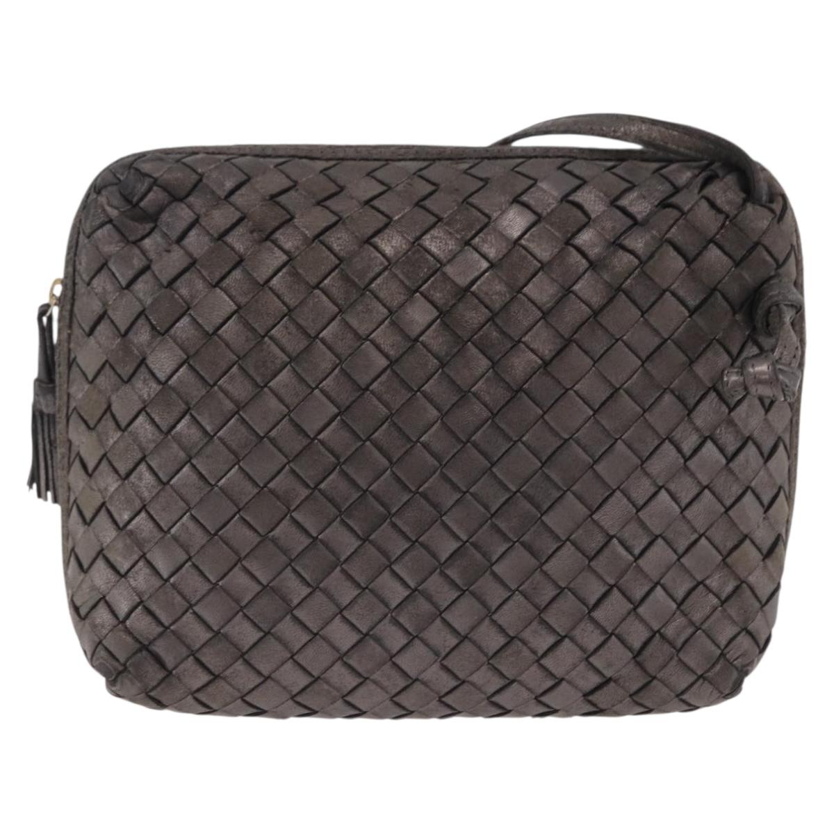 BOTTEGA VENETA INTRECCIATO Shoulder Bag Leather Silver Gold Tone Auth BA15290