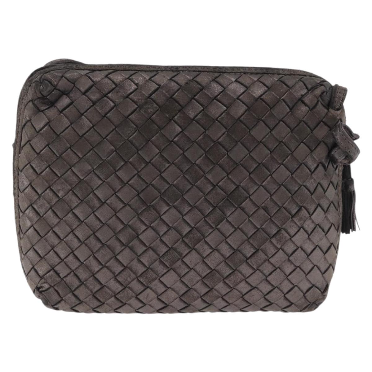 BOTTEGA VENETA INTRECCIATO Shoulder Bag Leather Silver Gold Tone Auth BA15290