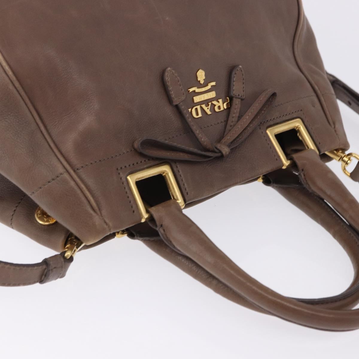 PRADA Hand Bag Leather 2way Brown Gold Tone Auth BA15297