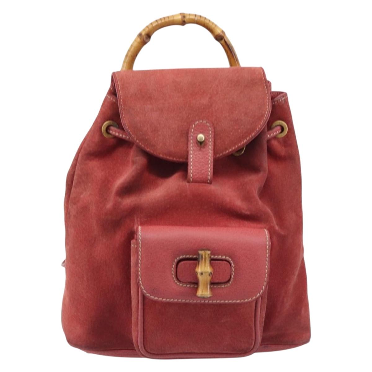 GUCCI Bamboo Backpack Suede Red Gold Tone 003 1705 0030 Auth BA15308