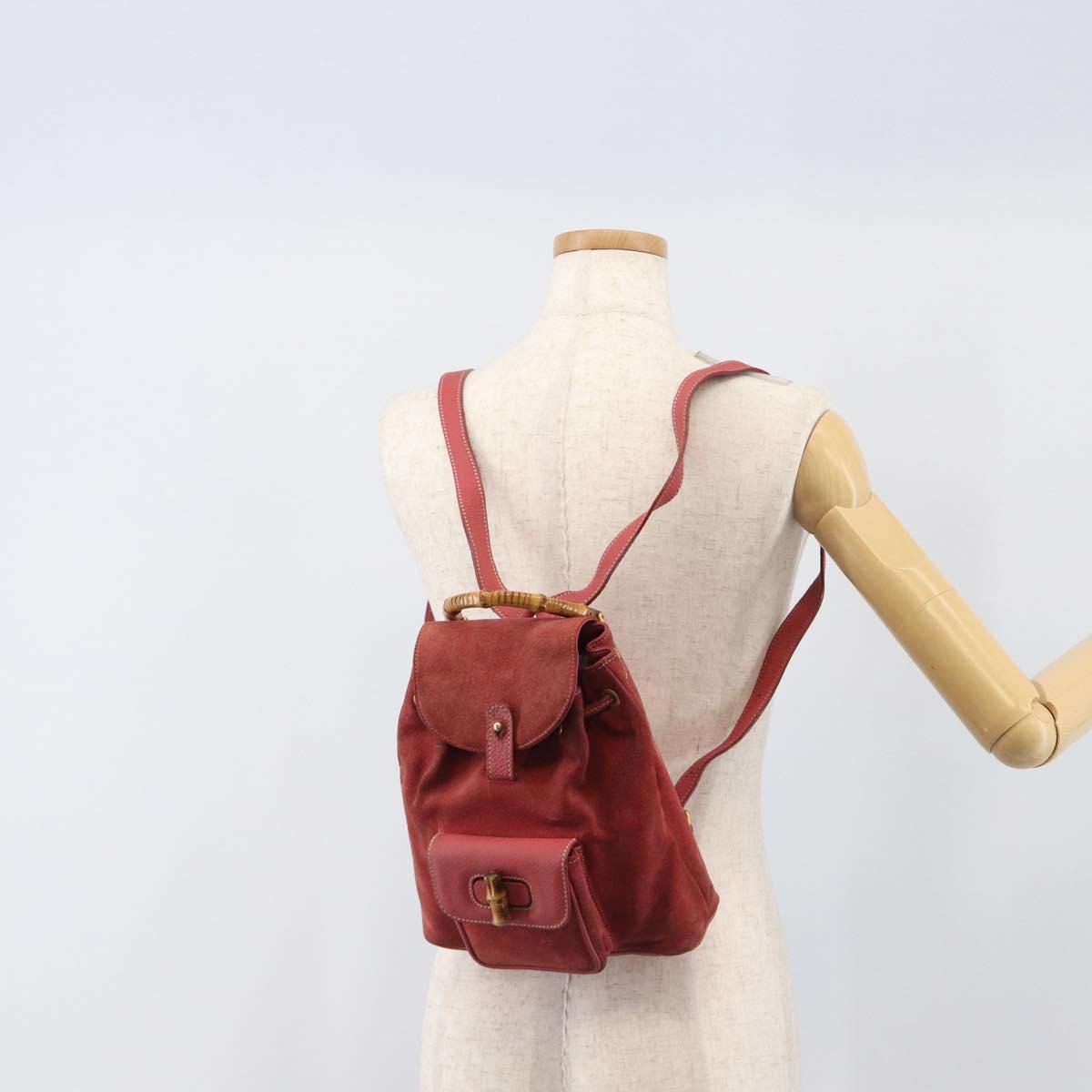 GUCCI Bamboo Backpack Suede Red Gold Tone 003 1705 0030 Auth BA15308