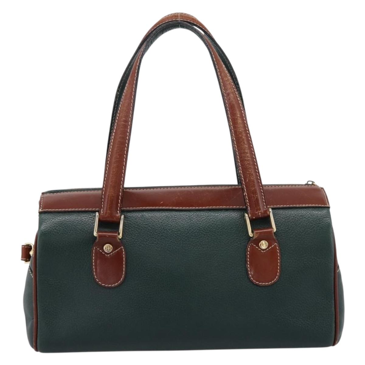 BALLY Hand Bag Leather 2way Green Gold Tone Auth BA15313