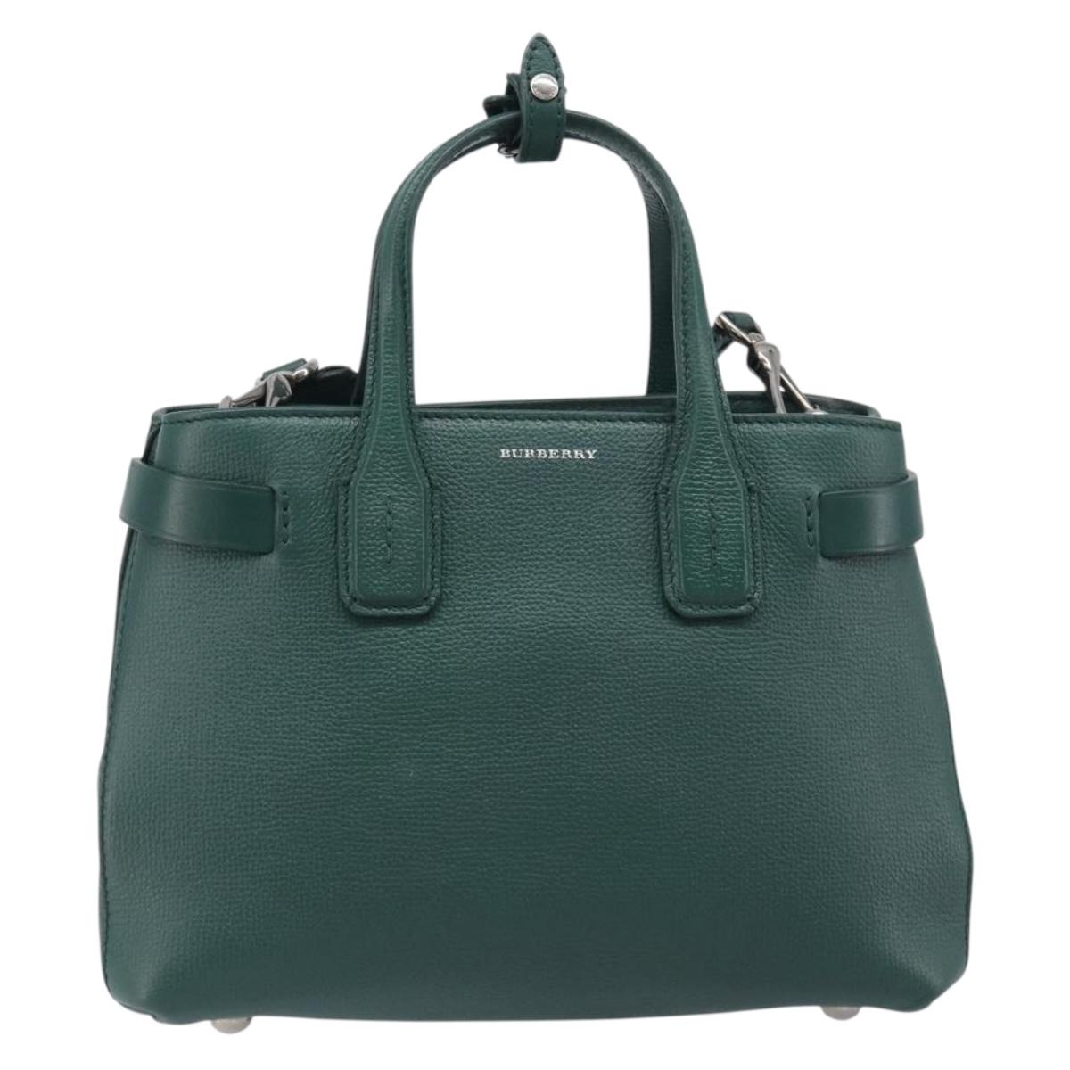 BURBERRY Hand Bag Leather 2way Green Silver Auth BA15318A