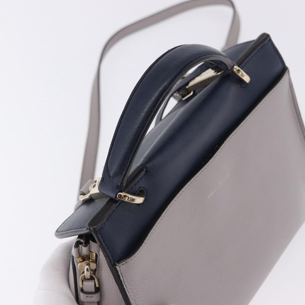 Salvatore Ferragamo Jet Set Hand Bag Leather 2way Gray Gold Tone Auth BA15329A