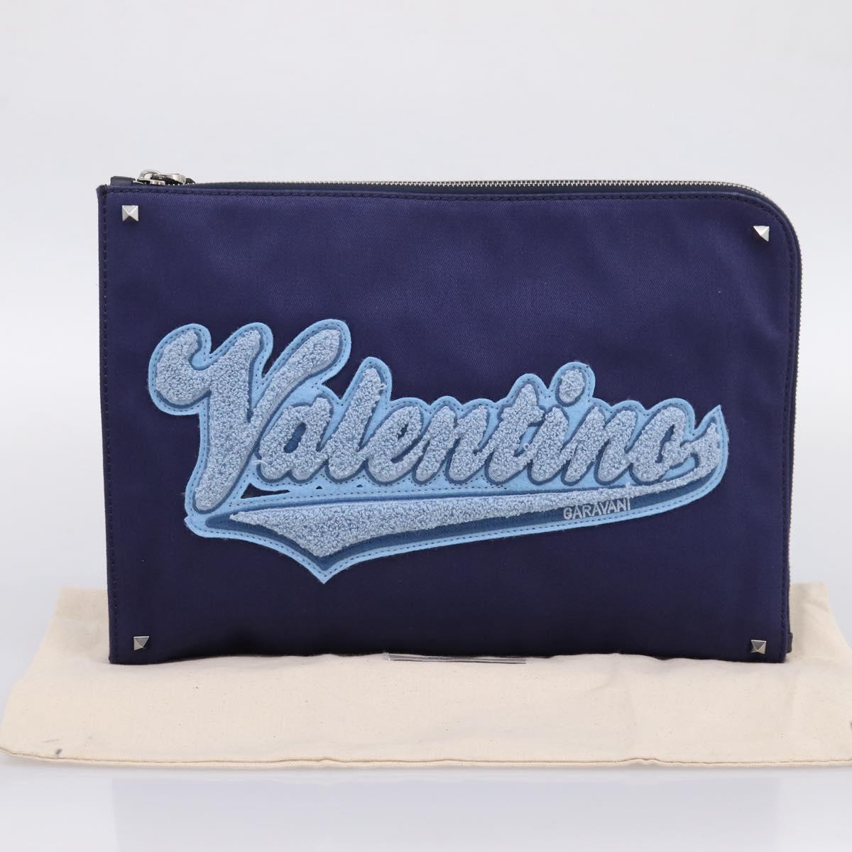 VALENTINO Clutch Bag Canvas Navy Silver Auth BA15372A
