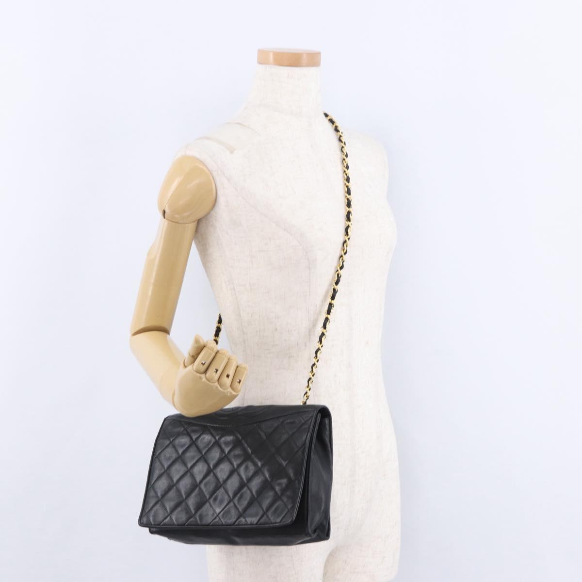 CHANEL Lamb Skin Matelasse Chain Shoulder Bag Black Gold Tone CC Auth BA15379A