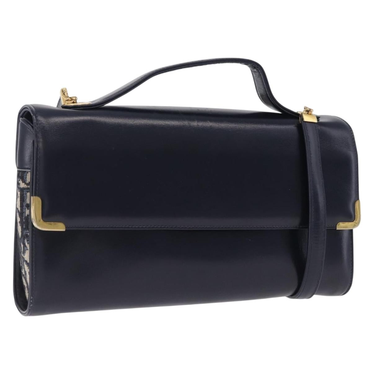 Christian Dior Hand Bag Leather 2way Navy Gold Tone Auth BA15381