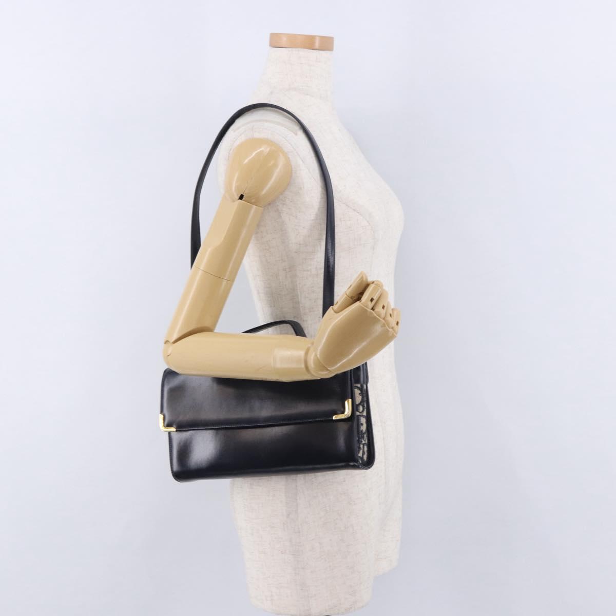 Christian Dior Hand Bag Leather 2way Navy Gold Tone Auth BA15381