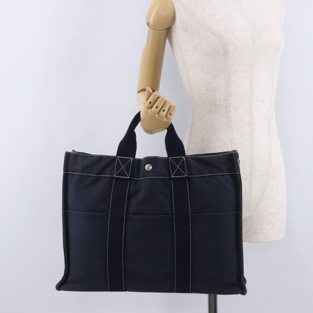 HERMES Fourre Tout MM Hand Bag Canvas Navy Silver Auth BA15383